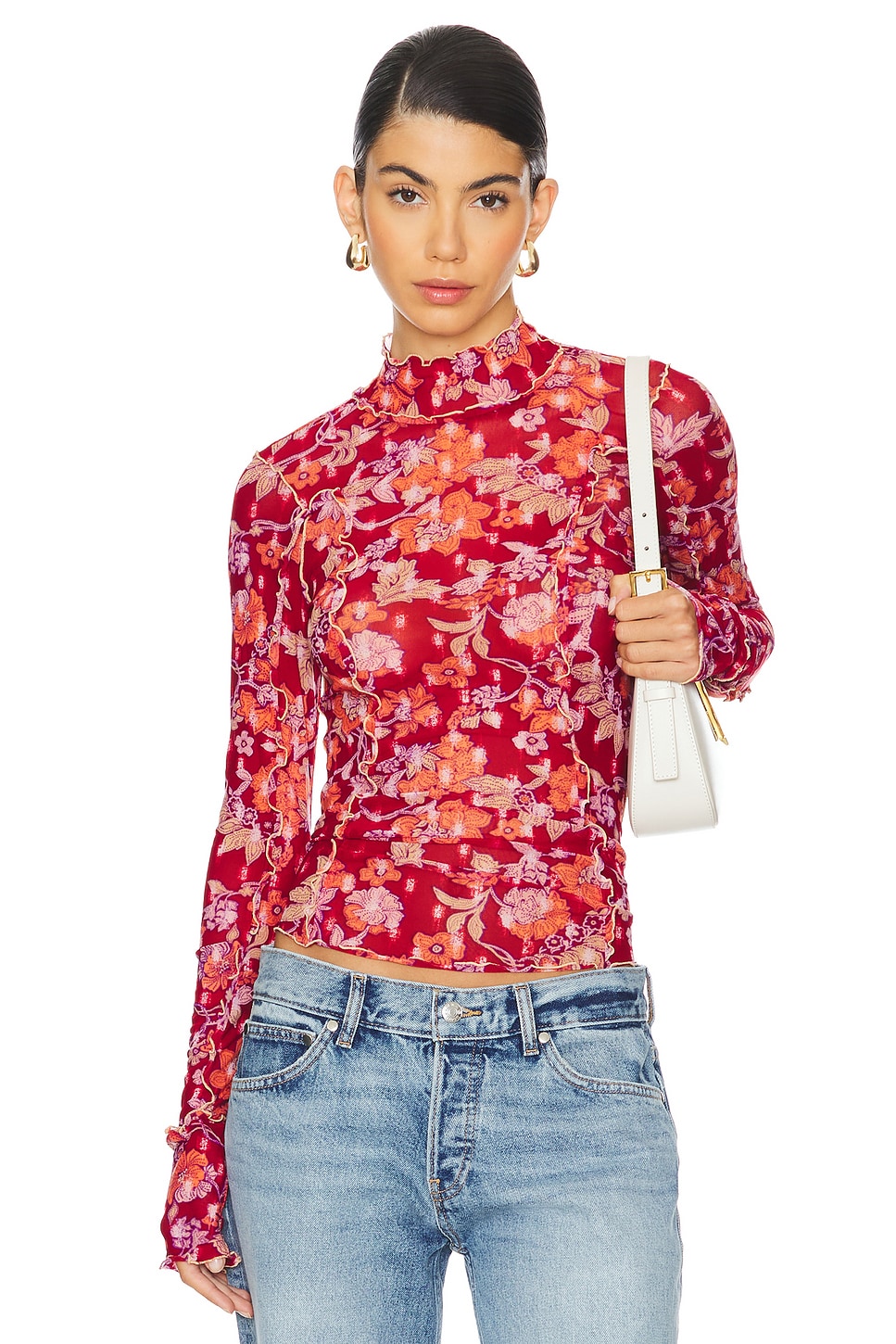 Free People Charlie Mesh Top Red Combo