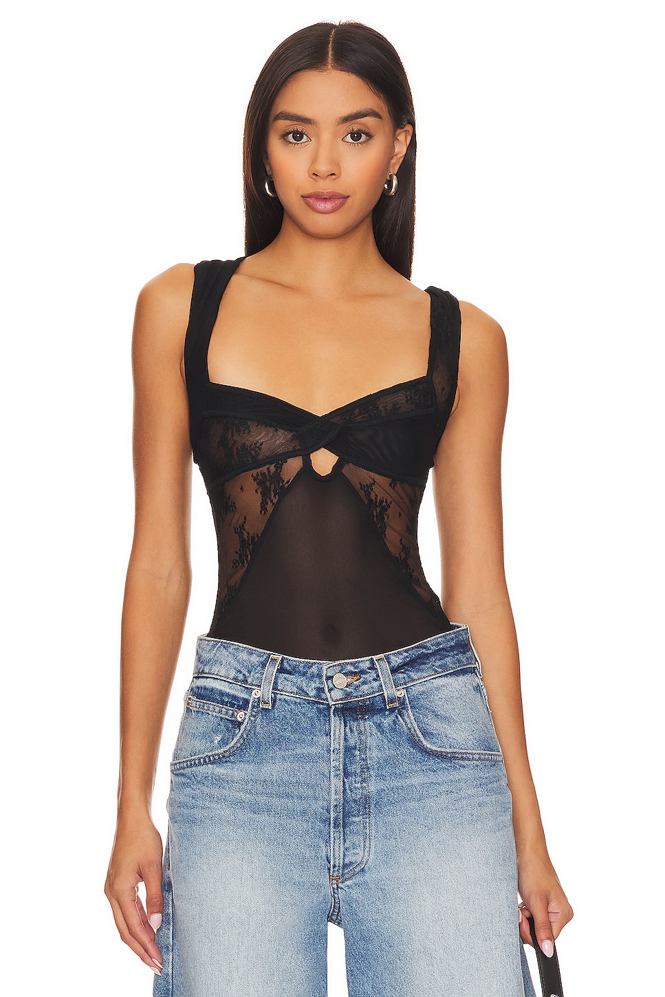 $68 Free People Women's Black Plunging V-neck Puff-Sleeve Thong Bodysuit  Size XS