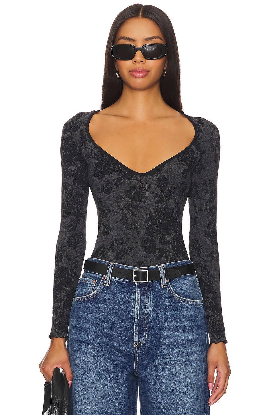 Free People x Intimately FP Send Love Long Sleeve Bodysuit In Black in Black REVOLVE