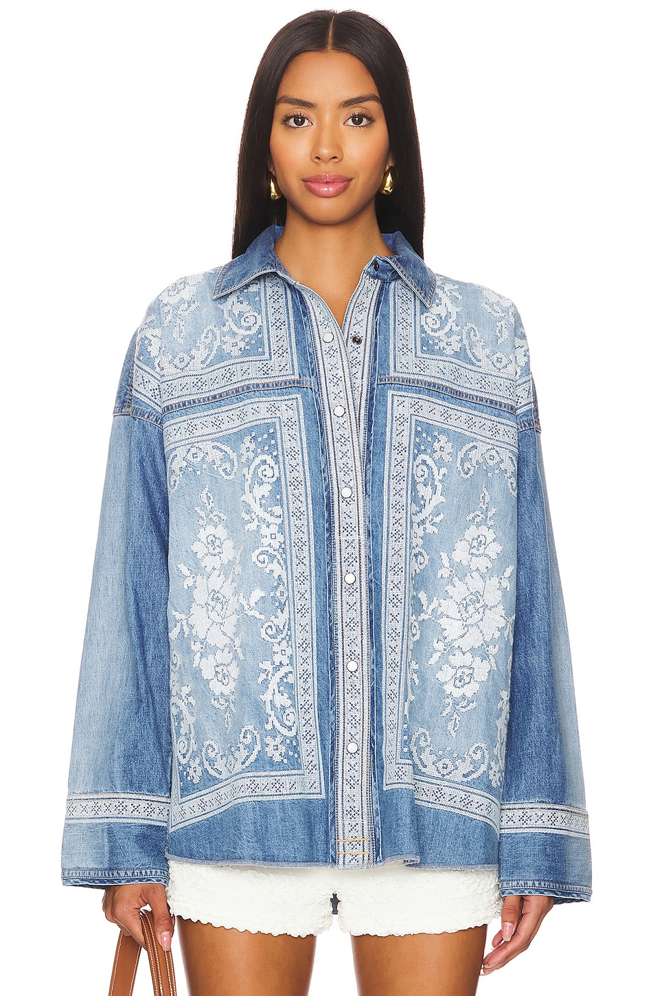 x We The Free Lace Embroidered Denim Shirt