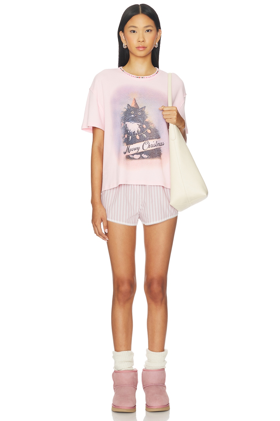 x We The Free Merry Meowy Tee In Pink Combo