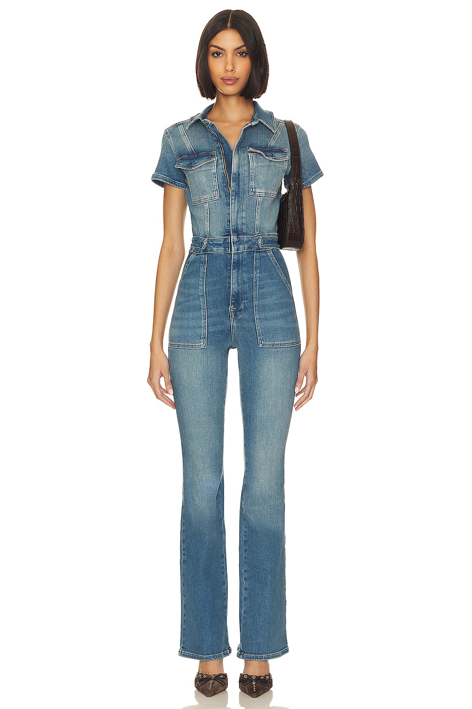 Good American Fit For Success Bootcut Jumpsuit in Blue Denim