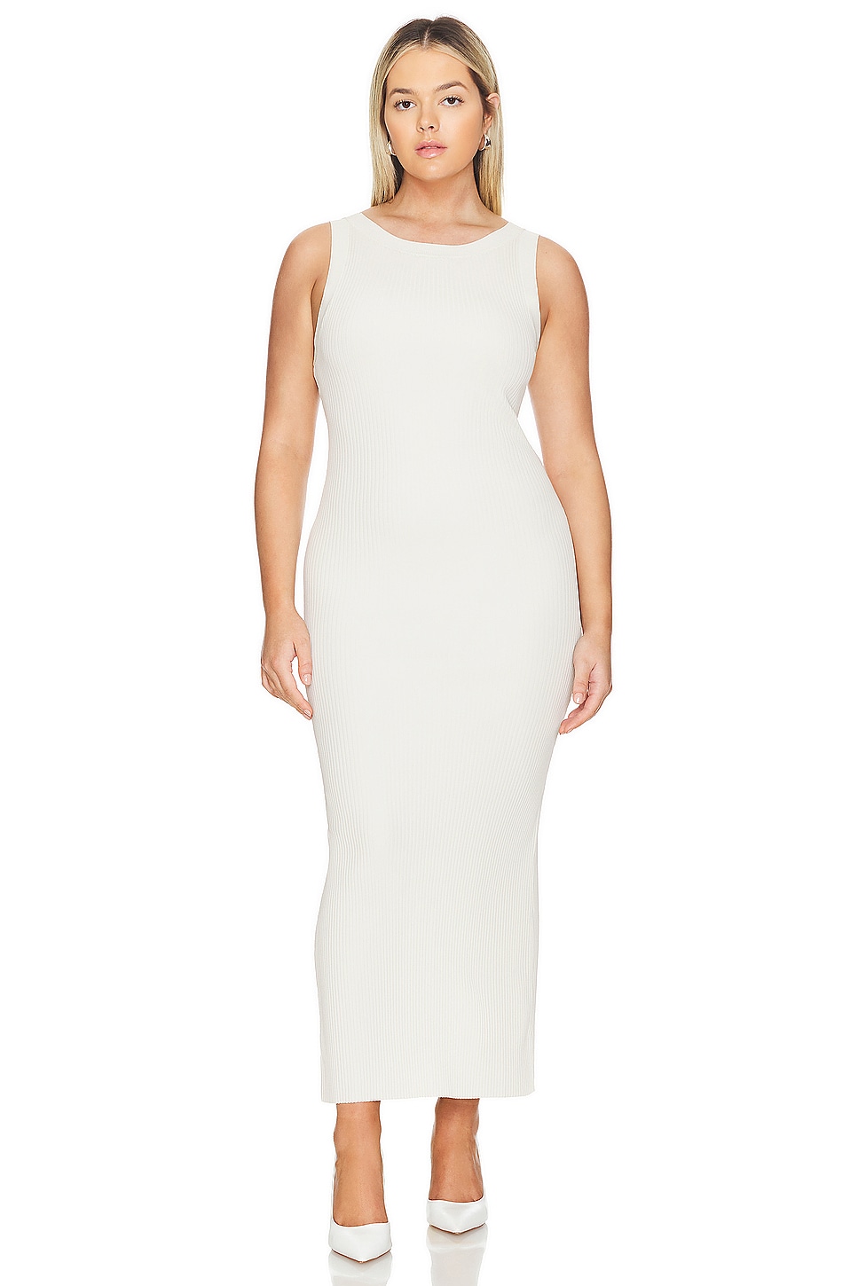 good american ribbed midi dress Good American Shine Rib Off Scoop Back Midi Dress in Cloud White001