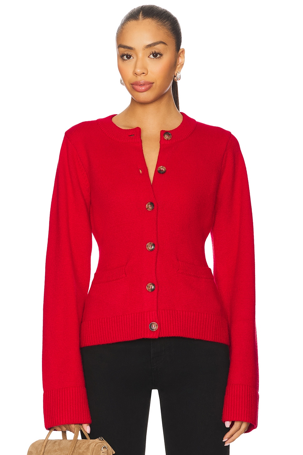 Good American Button Front Knit Cardigan in Chili001 | REVOLVE