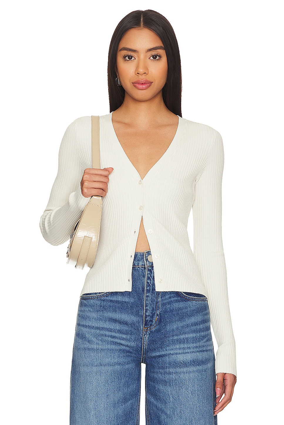 Good American Shine Rib V-neck Cardi in Cloud White | REVOLVE
