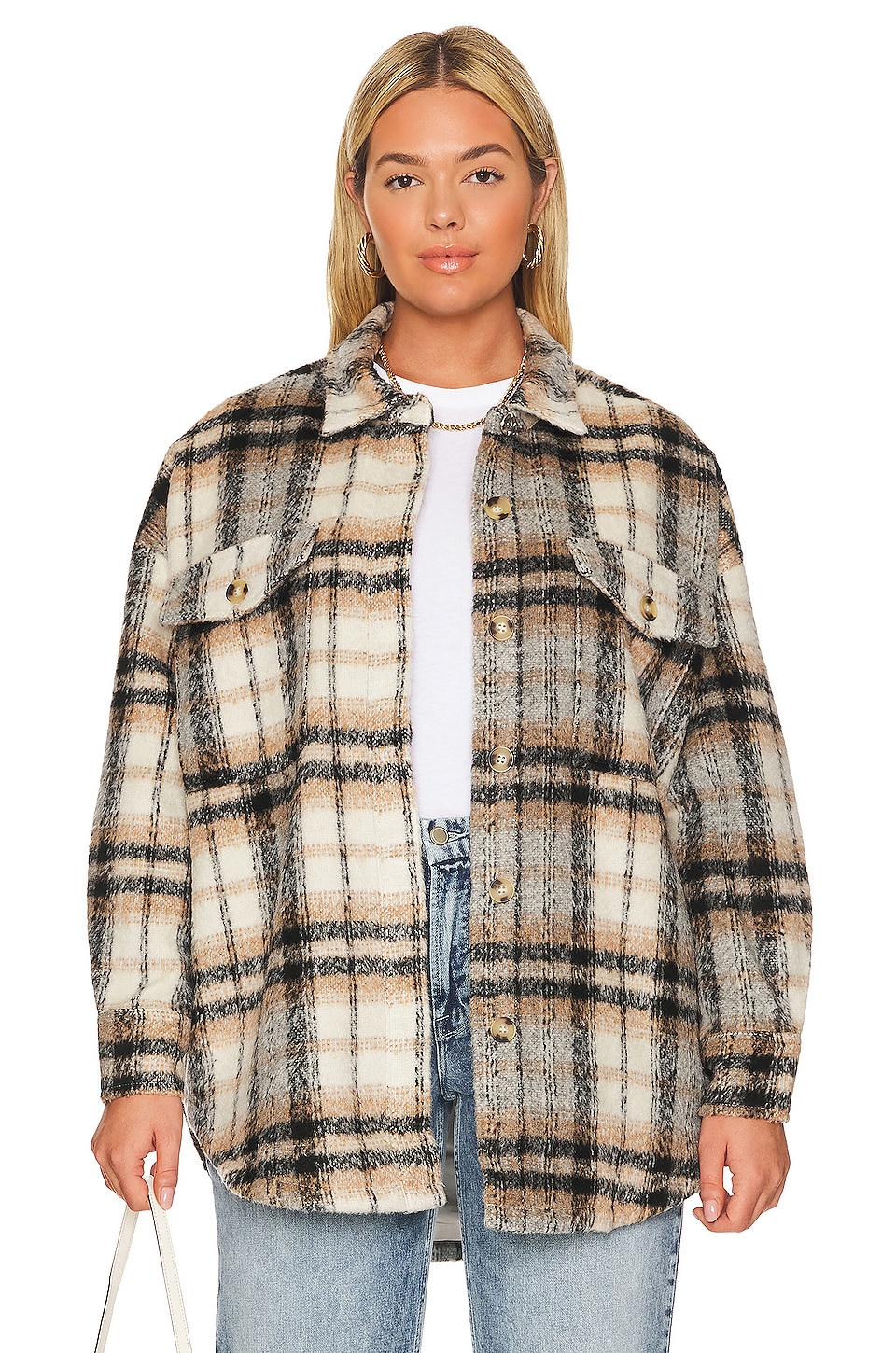 Good American Neutral Plaid Shacket in Neutral Plaid