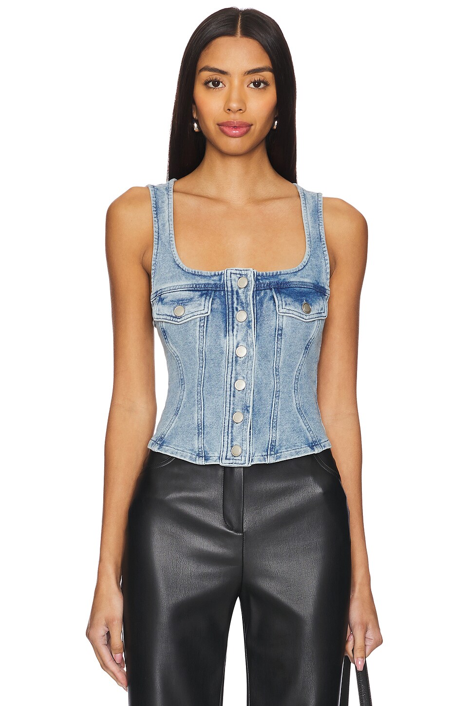 Good American Jeanius Button Front Corset in Indigo586 | REVOLVE