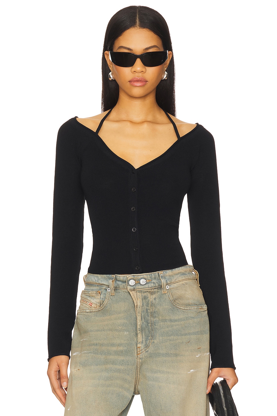 Good American Stretch Rib Knit Off Shoulder Top in Black001