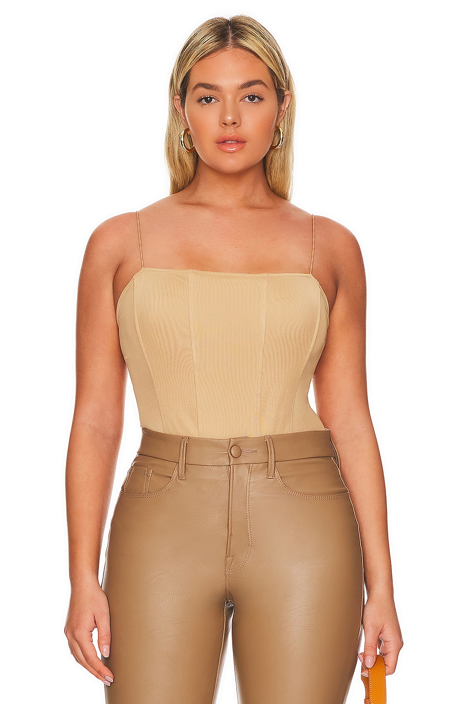 Good American Mesh Mix Corset Bodysuit in Pecan001