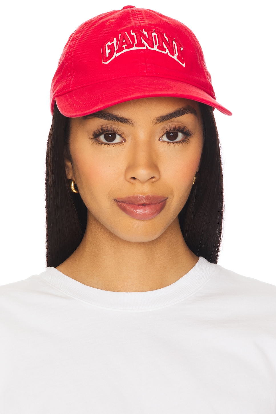 Ganni Washed Cotton Canvas Embroidered Cap in Fiery Red