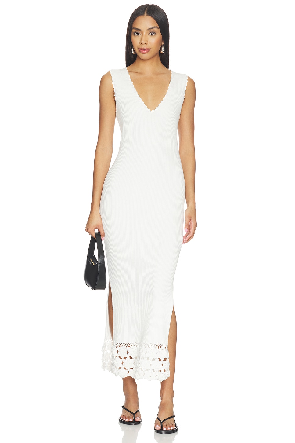 ganni ribbed dress Ganni Fine Cotton Rib Crochet V-neck Dress in Egret