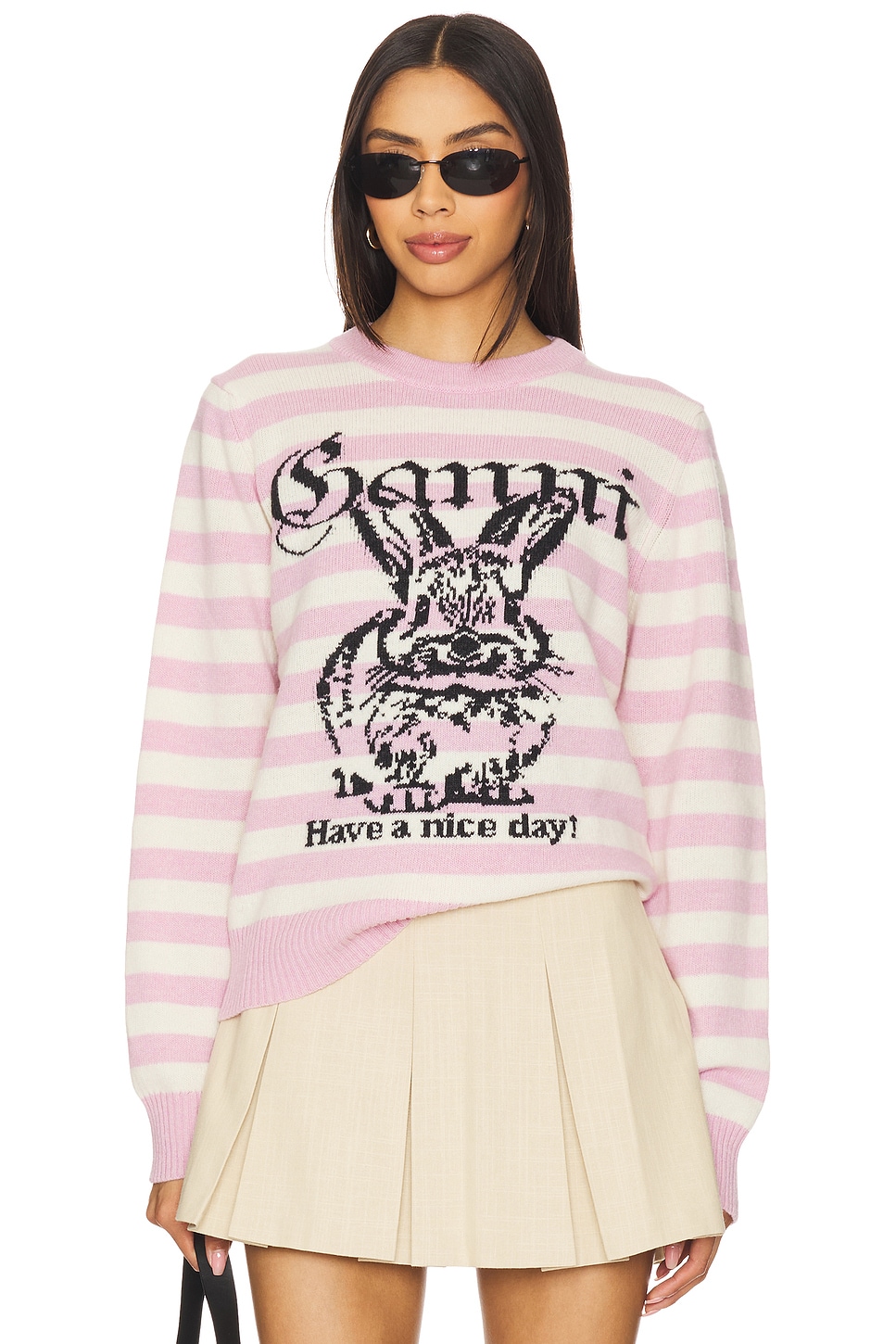 Ganni Striped Bunny Graphic Sweater in Primrose Pink | REVOLVE