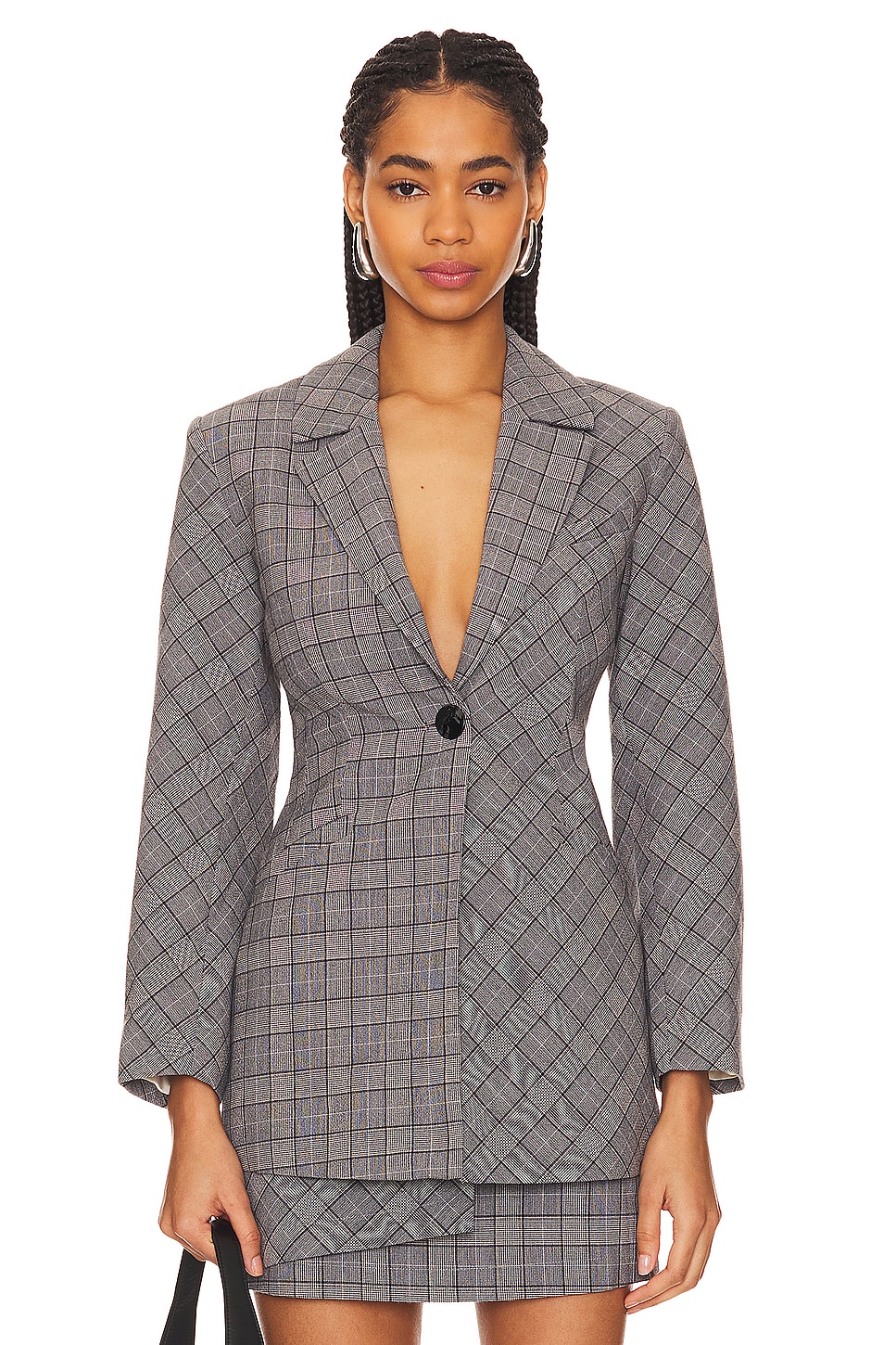 Ganni Check Mix Fitted Blazer in Frost Gray