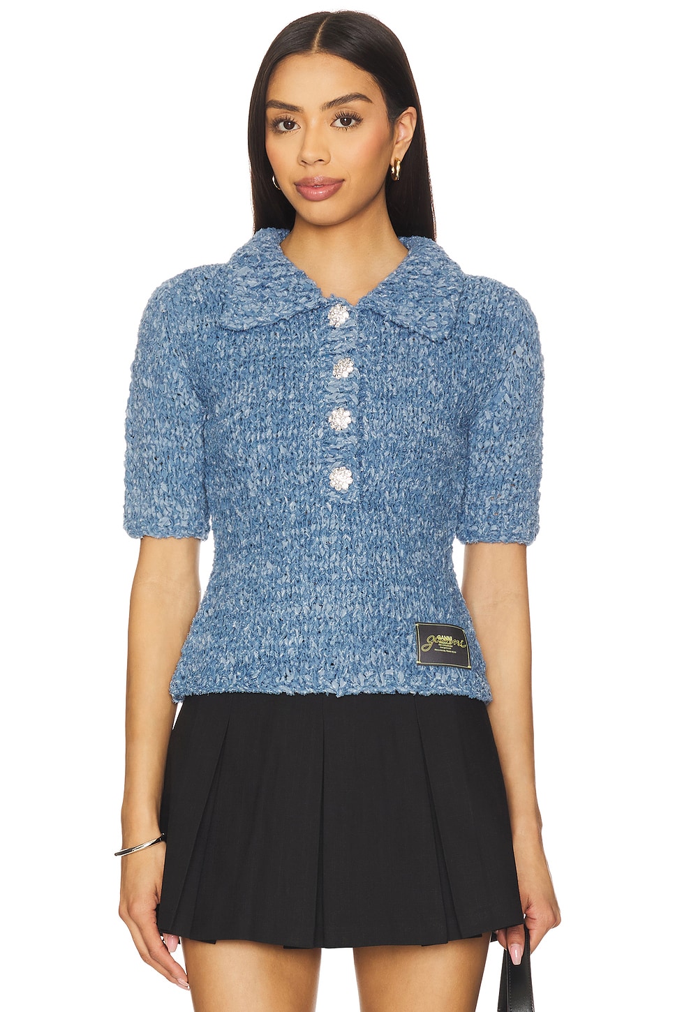 Denim Handknit Polo Top - Thumbnail 1