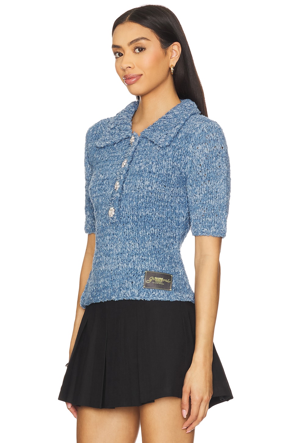 Denim Handknit Polo Top - Thumbnail 2