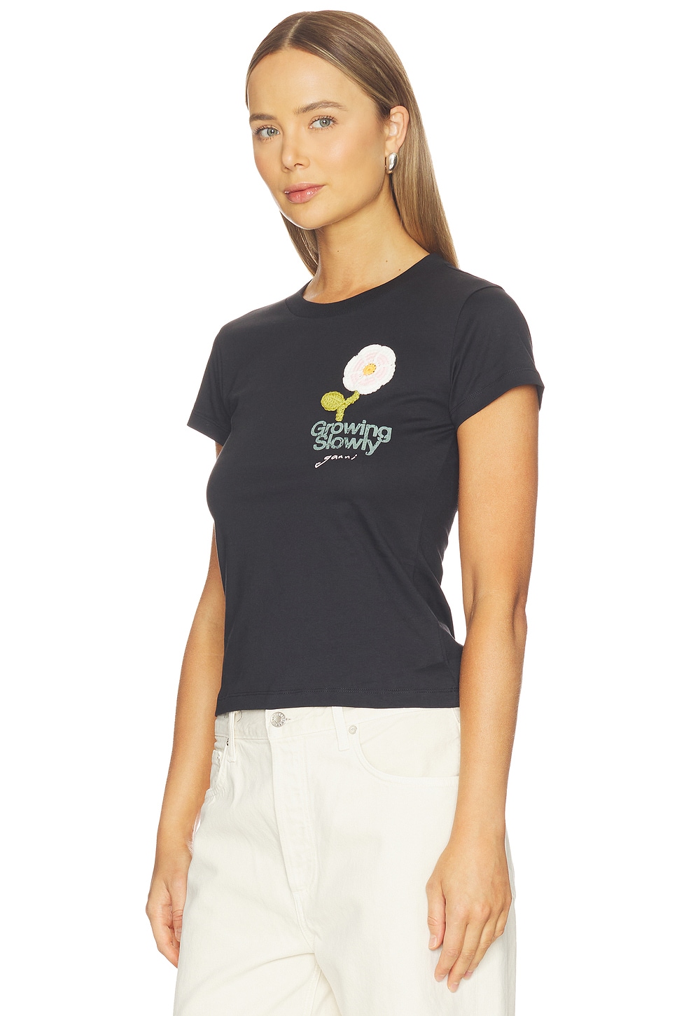 Basic Cotton Jersey Baby Fit Crochet Patch T-shirt - thumbnail 3
