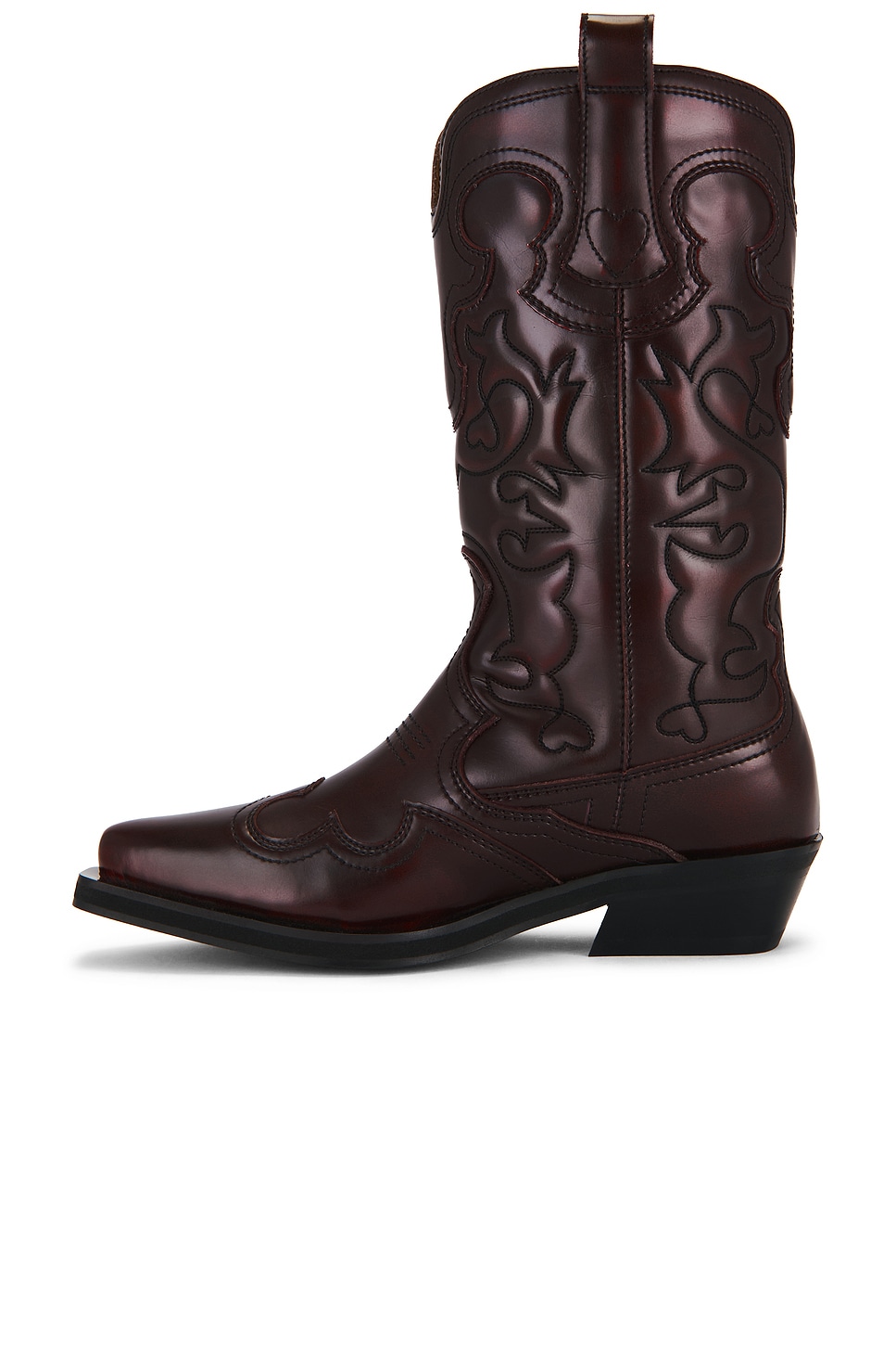 Ganni Embroidered Western Boot in Black & Dark Burgundy | REVOLVE