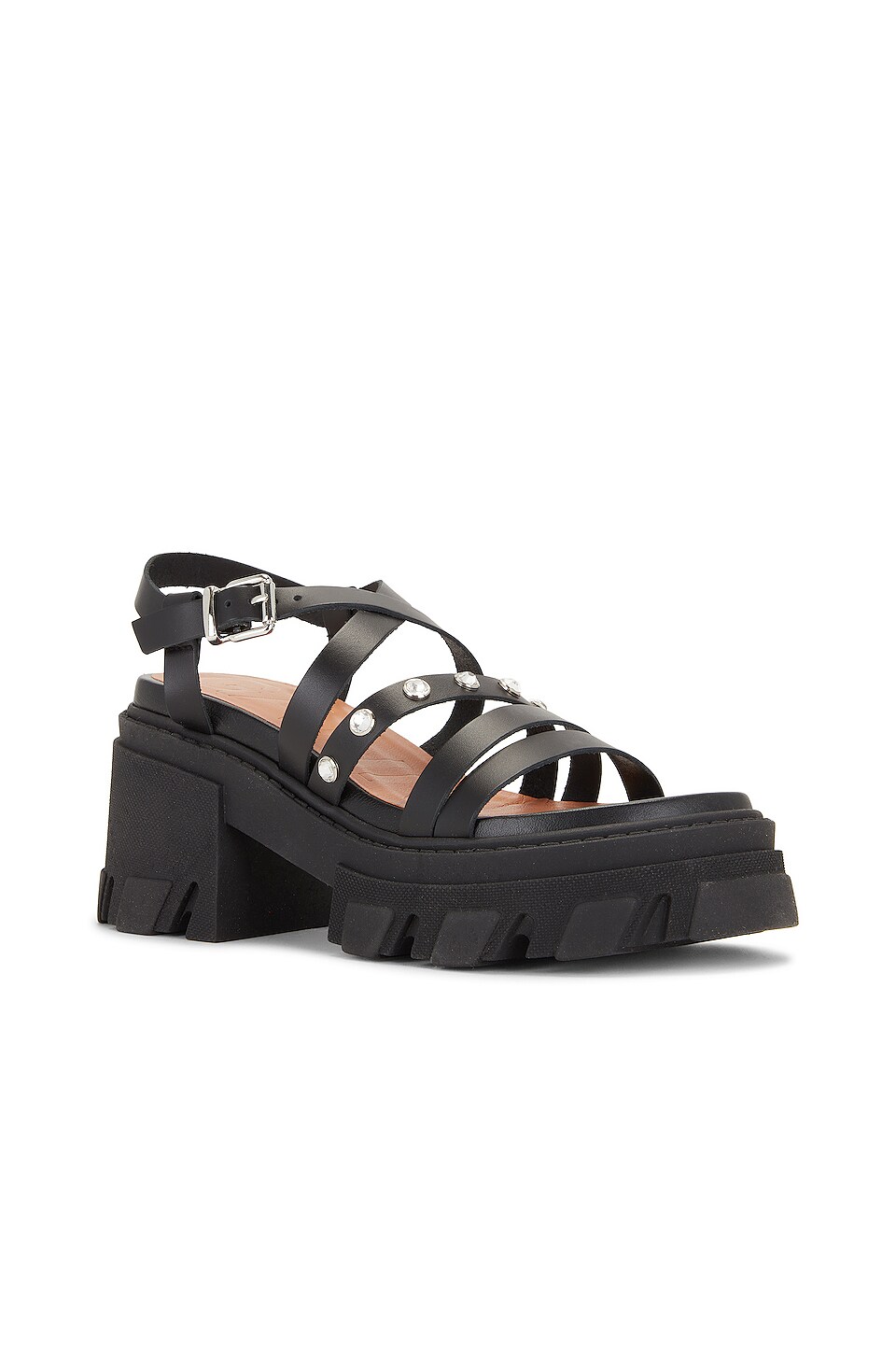 Ganni Cleated Strappy Sandal in Black