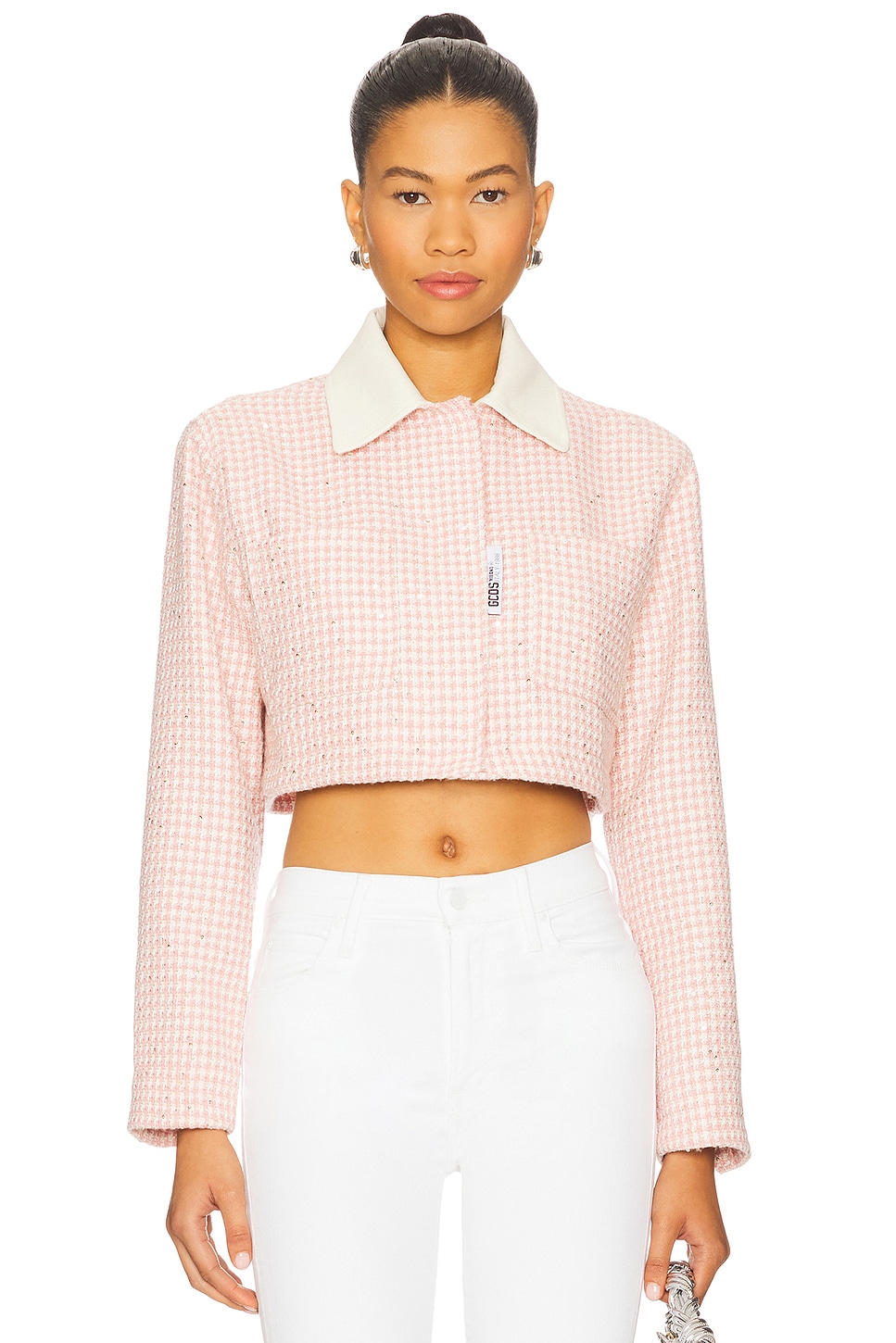 GCDS Tweed Crop Jacket in Baby Pink | REVOLVE