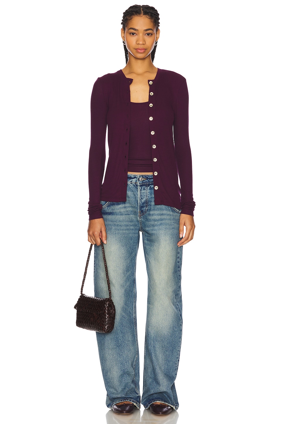 Goldie Classic Cardigan Gold Button in Aubergine | REVOLVE