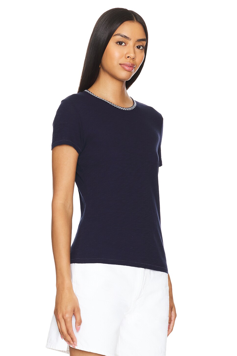 Goldie Embroidered Neck Classic Tee in Navy | REVOLVE