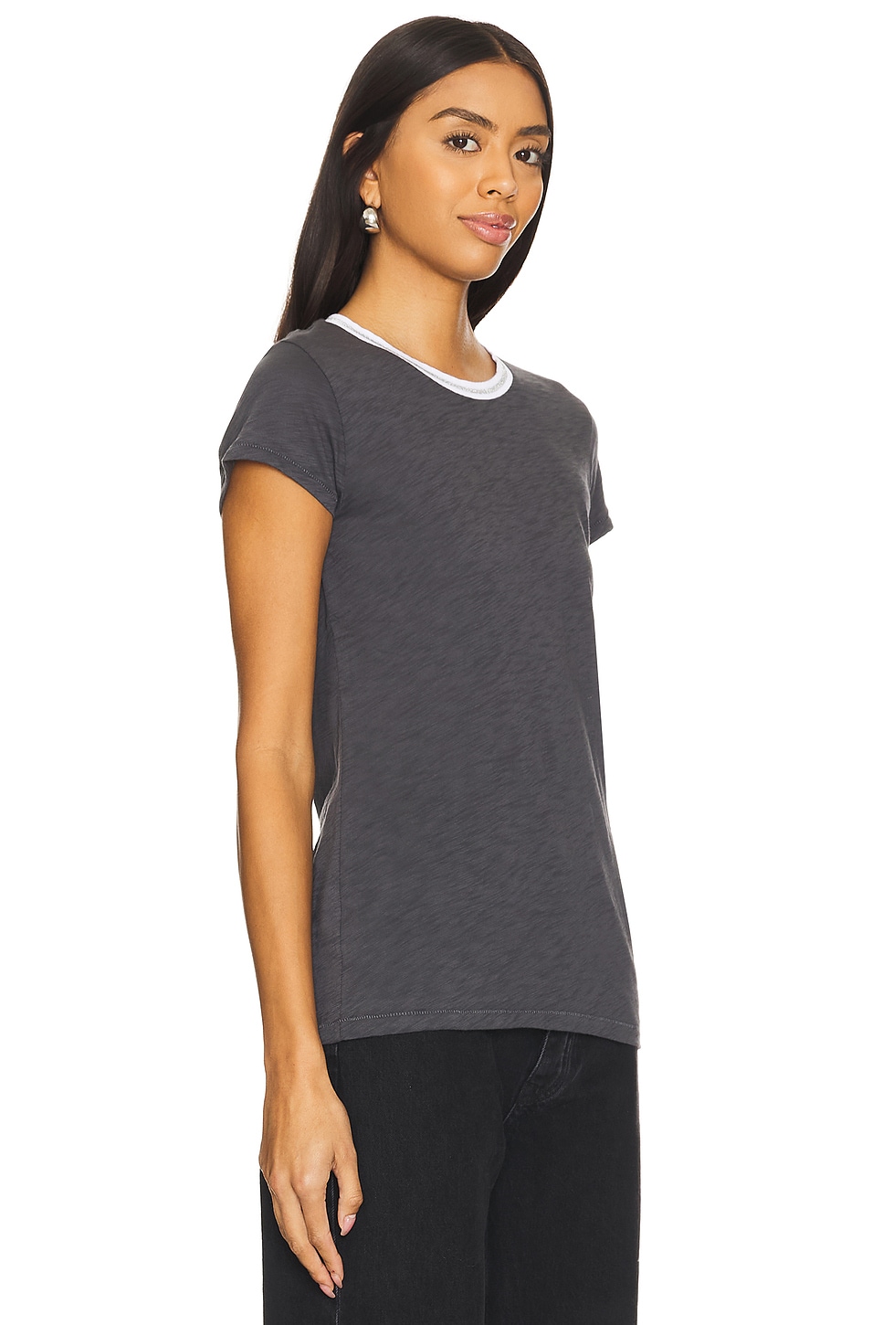 Reign Ringer Tee Goldie Short Sleeve Metallic Tipped Ringer Tee in Iron | REVOLVE