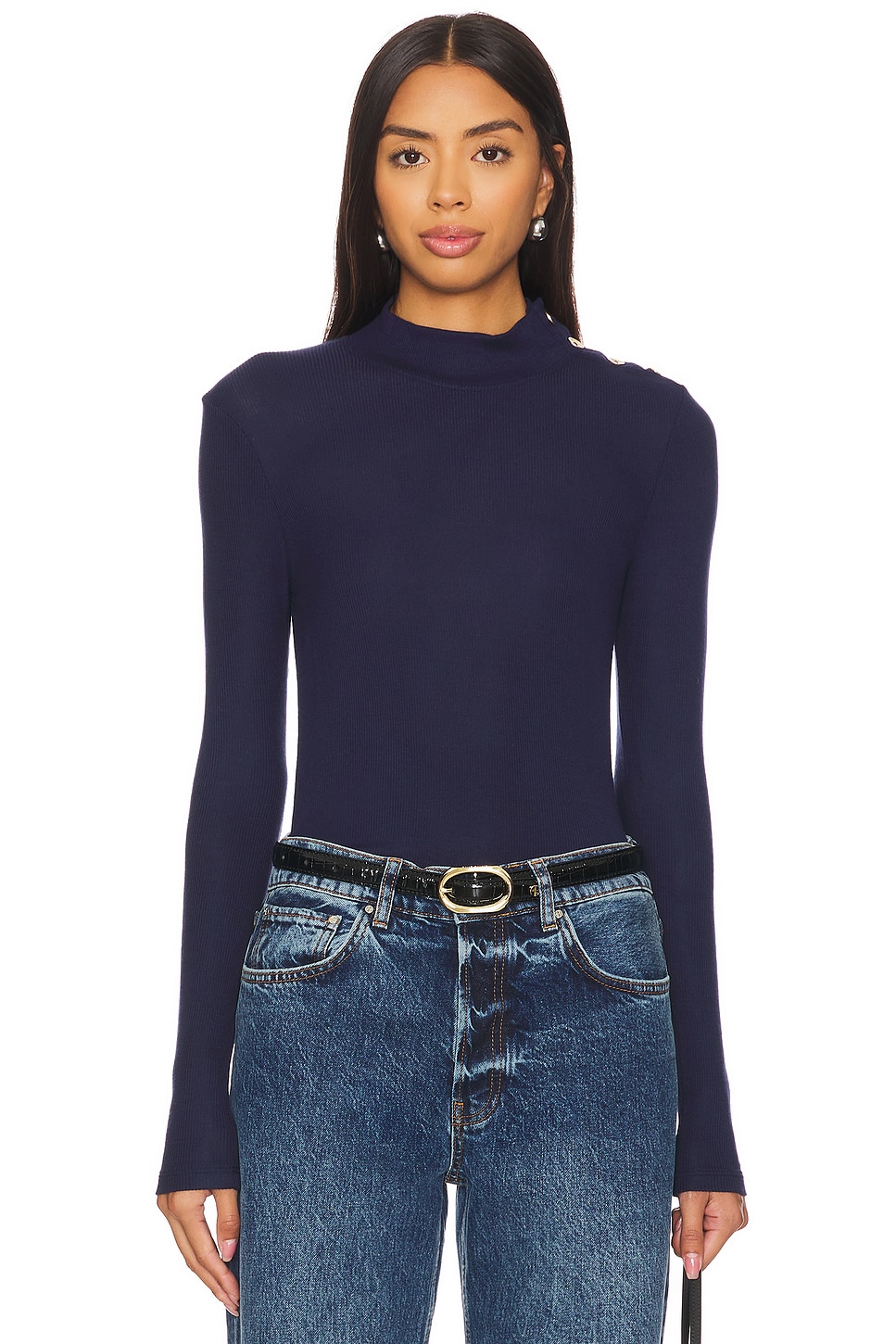 Goldie Button Shoulder Mock Neck Top in Navy REVOLVE