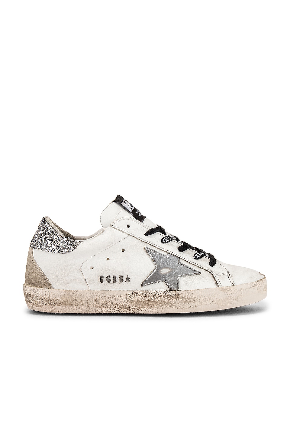 superstar sneakers with silver heel tab with glitter and metal stud lettering