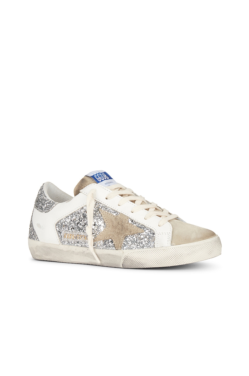 Golden Goose Super-Star Sneaker in Silver, White, & Taupe