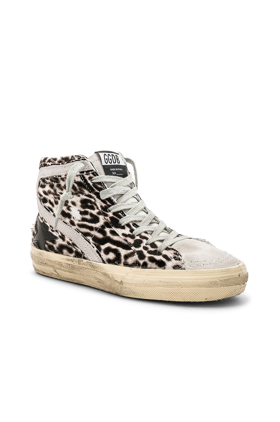 Golden Goose Slide Sneaker in White & Black Leopard Pony