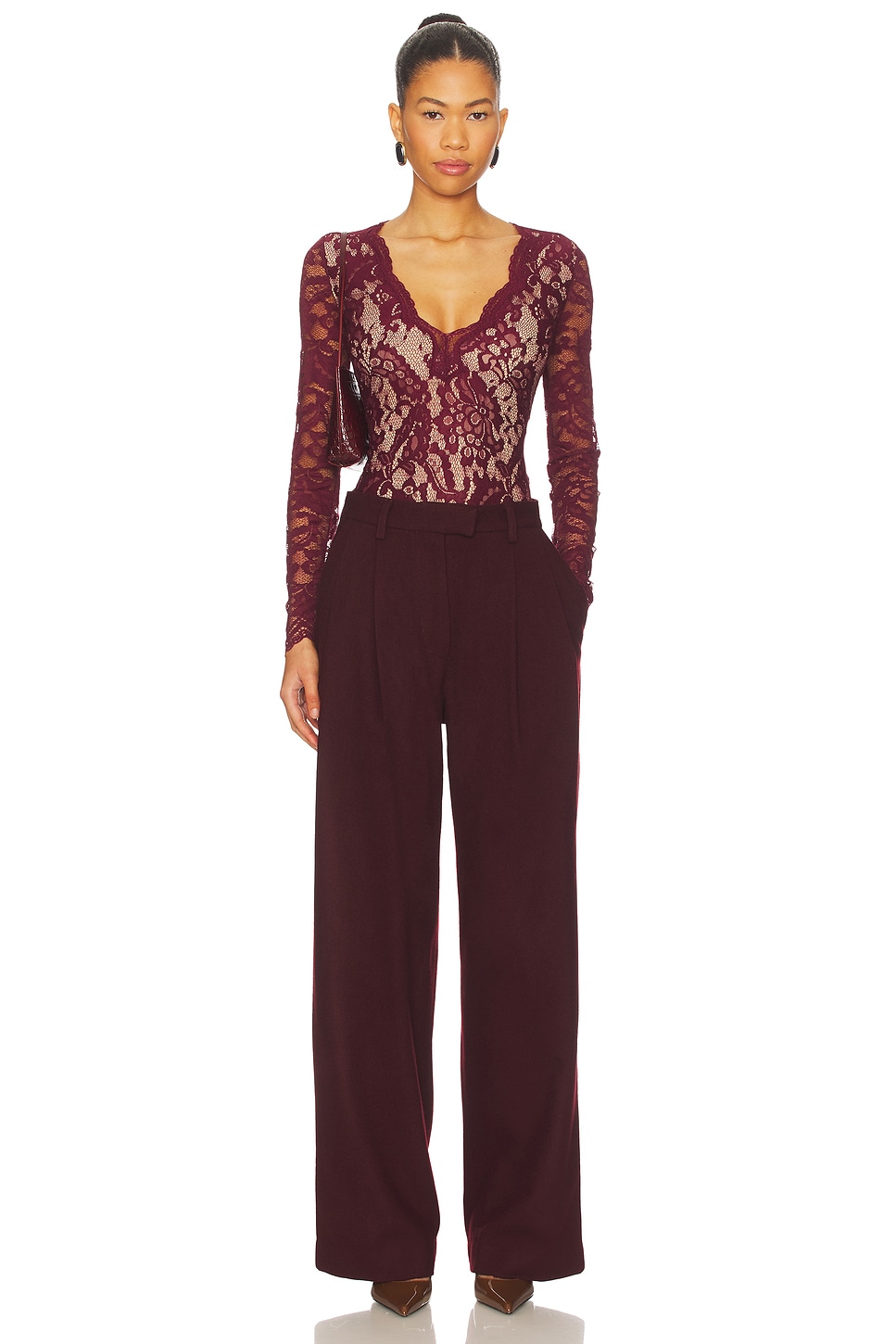 Generation Love Alessia Lace Bodysuit in Cabernet & Beige | REVOLVE
