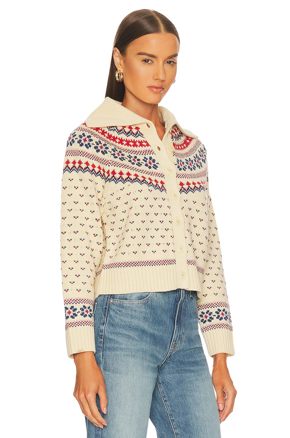 The Great Mini Collar Cardigan in Cream Floral Fairisle