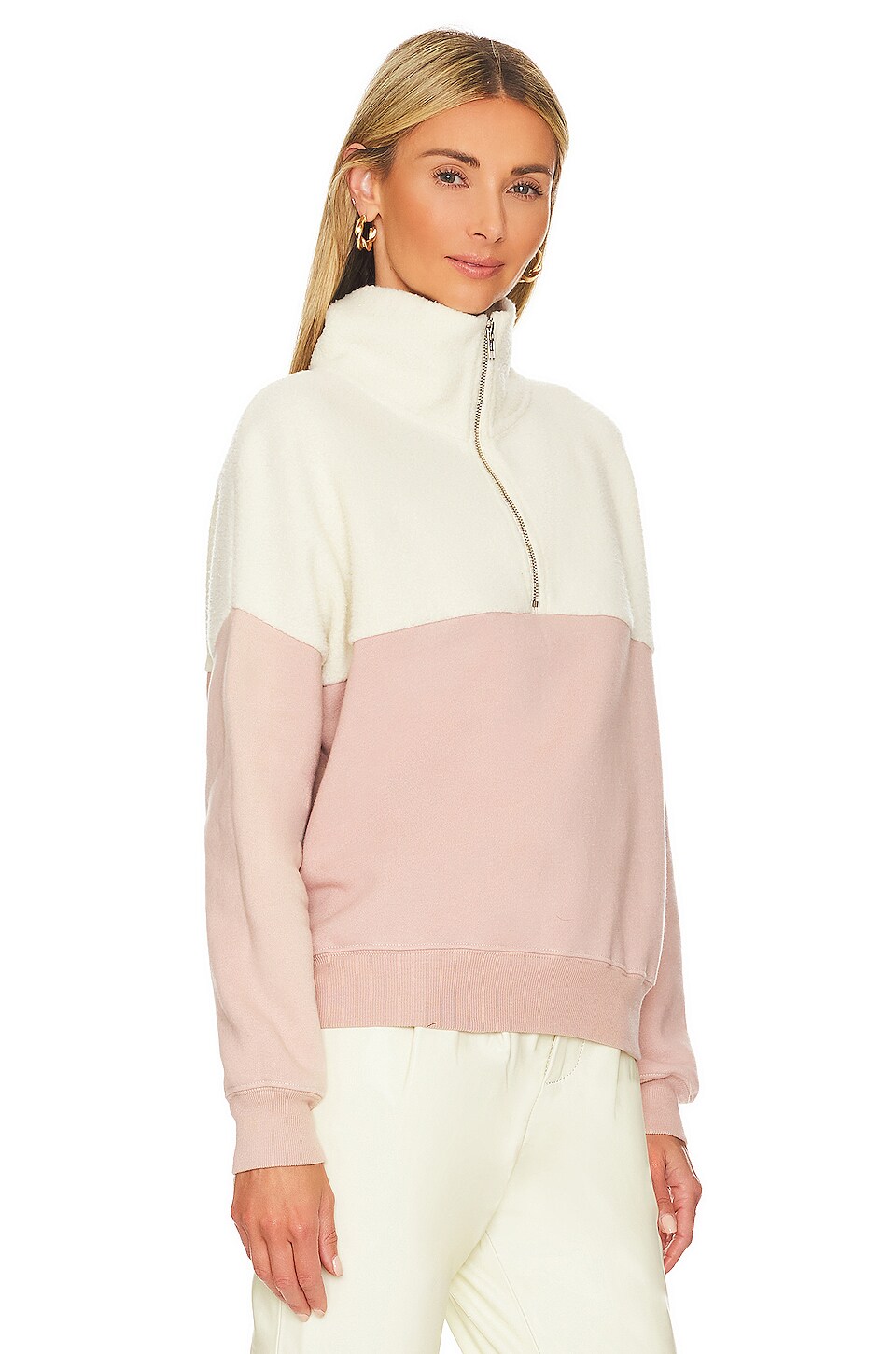 The Great Fleece Color Block Half Zip Pullover in Pale Blush With Washed White
