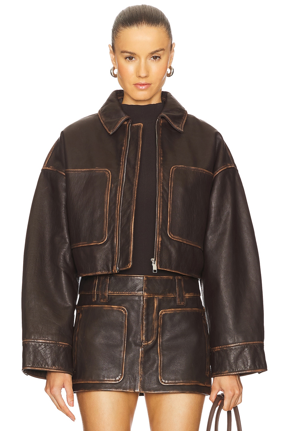 Cropped Leather Patch Pocket Jacket