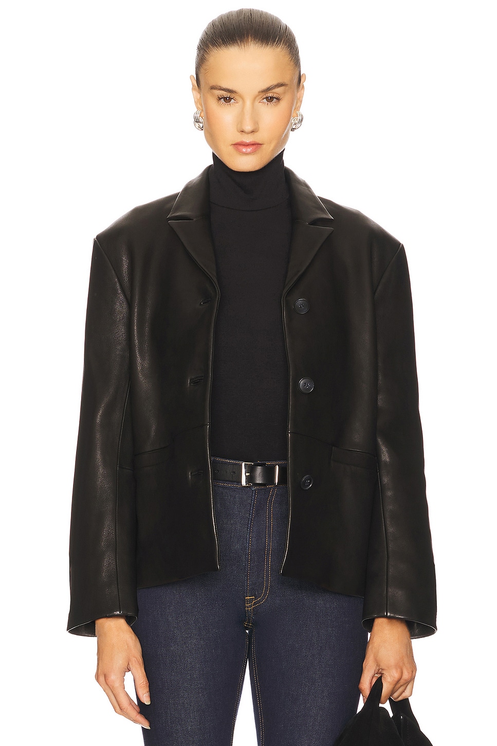 Marlo Leather Blazer in Black View 1 of 6