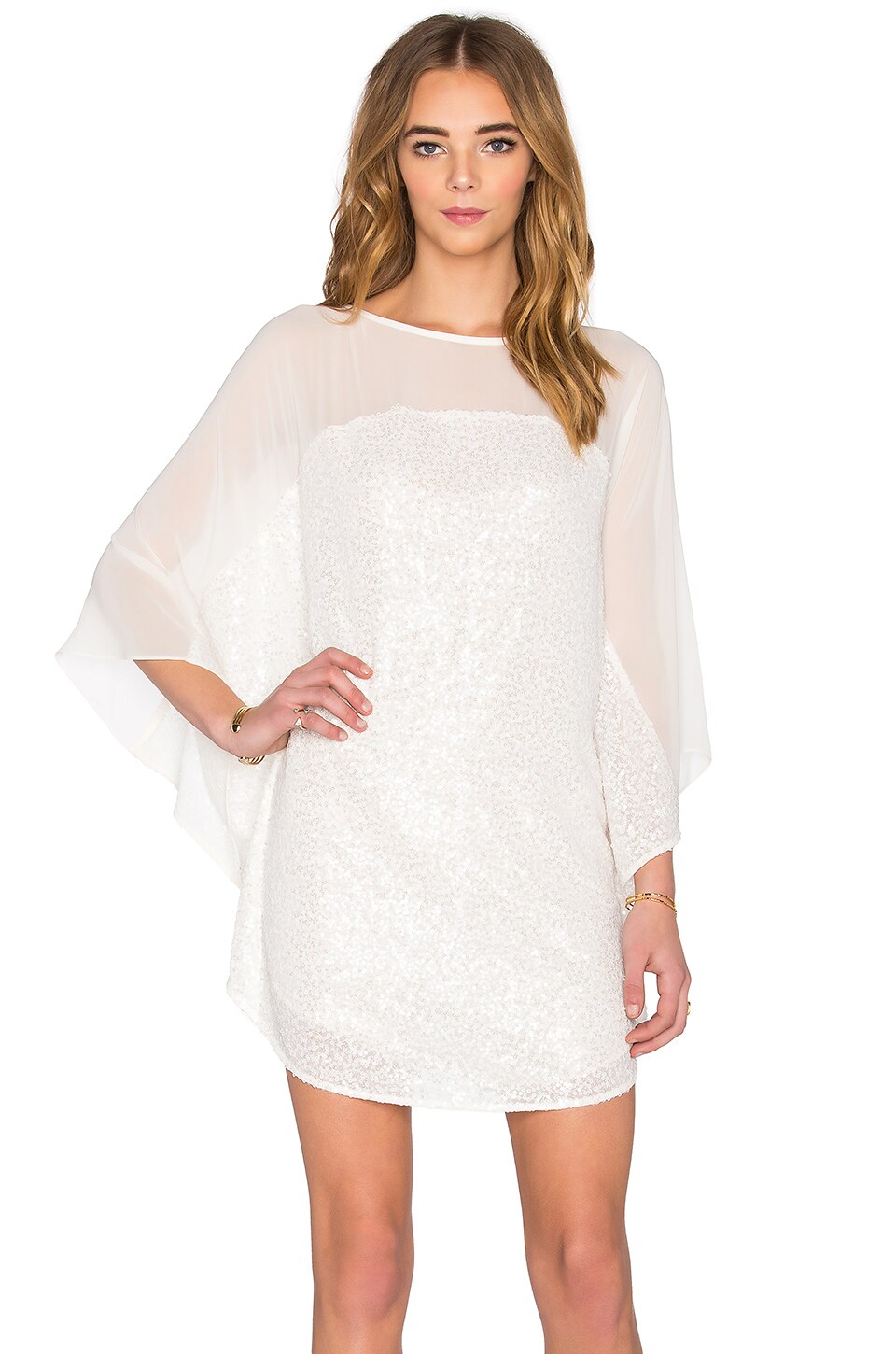 Halston Heritage Elbow Sleeve Boatneck Mini Dress in Eggshell | REVOLVE