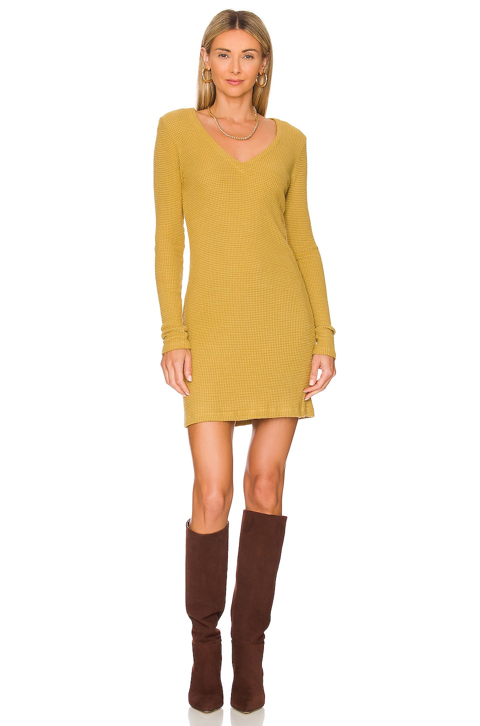 monrow-brushed-thermal-deep-v-mini-dress-in-golden-olive-revolve