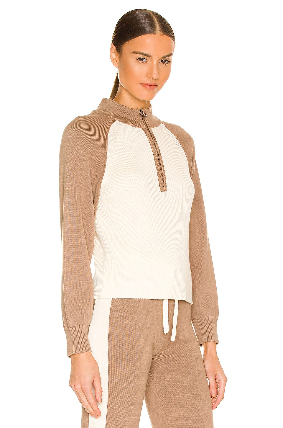 MONROW Color Block Raglan Half Zip Sweater in Light Khaki & Ivory