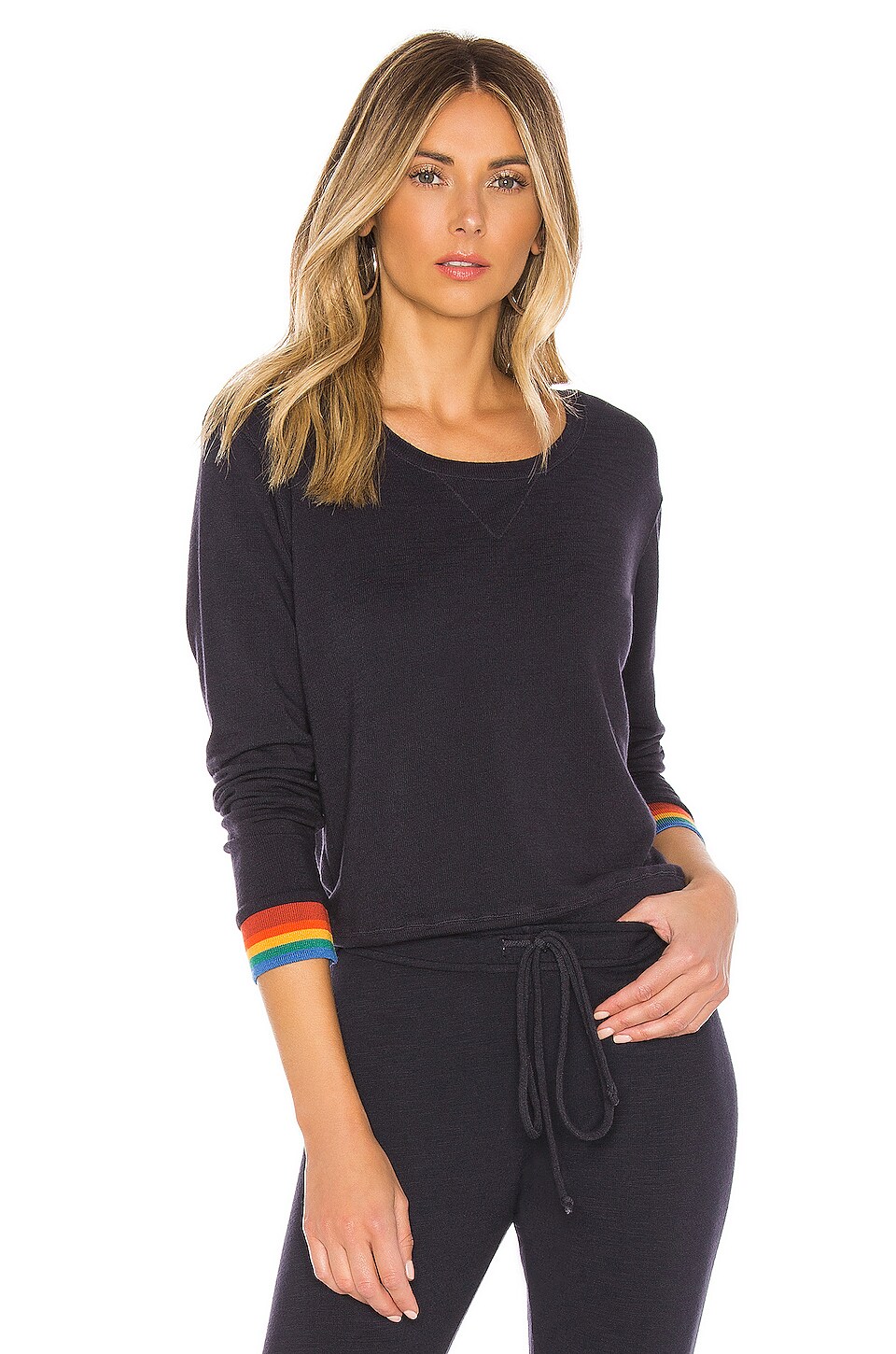 Monrow Womens Crew Neck Sweatshirt with Rainbow Cuffs 