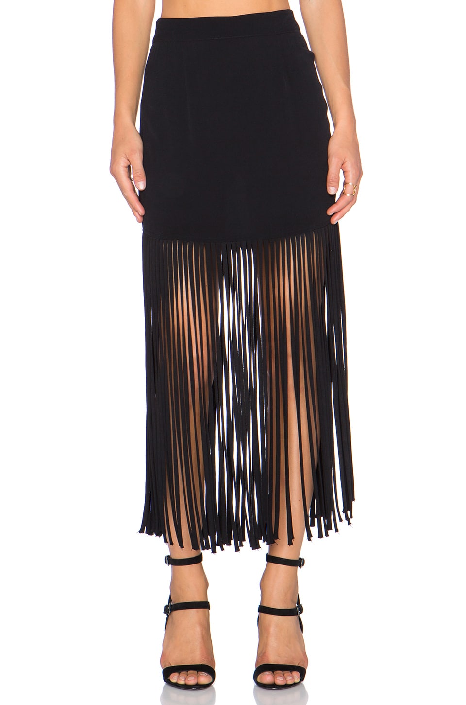 revolve black fringe skirt