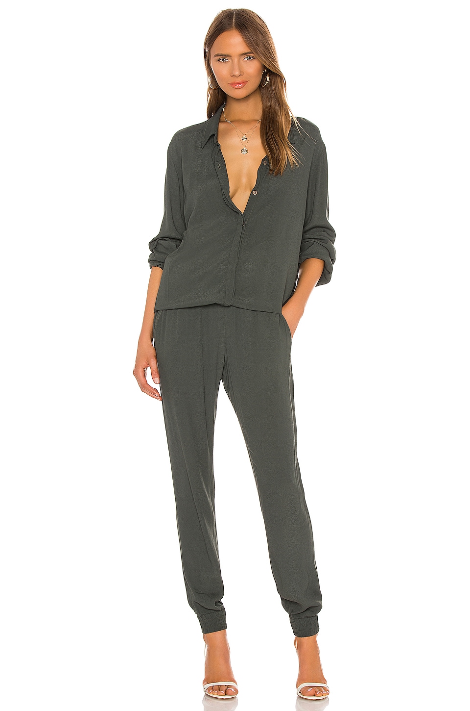 MONROW Crepe Long Sleeve Jumpsuit in Camo REVOLVE