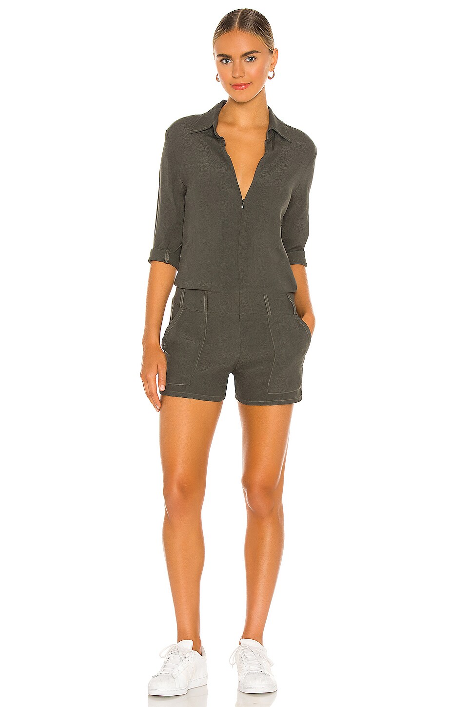 MONROW Zip Up Romper in Navy REVOLVE