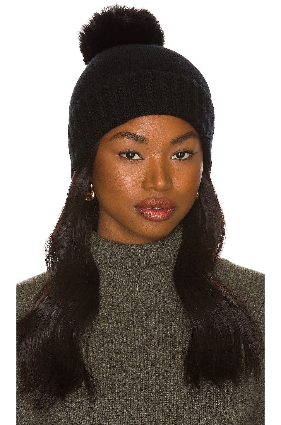 Image 1 of Cashmere Slouchy Cuff Beanie with Faux Fur Pom in Black