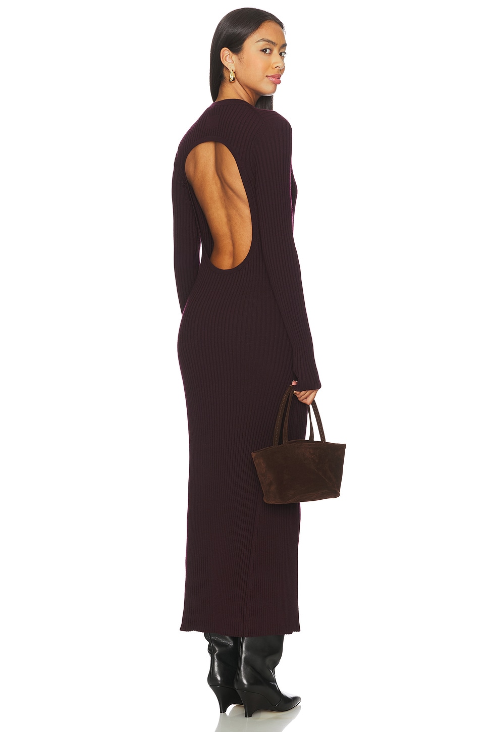 long sleeve open back knit dress Miss Circle Shay Gold Stretch Knit Backless Long Sleeve Maxi Dress XS-S