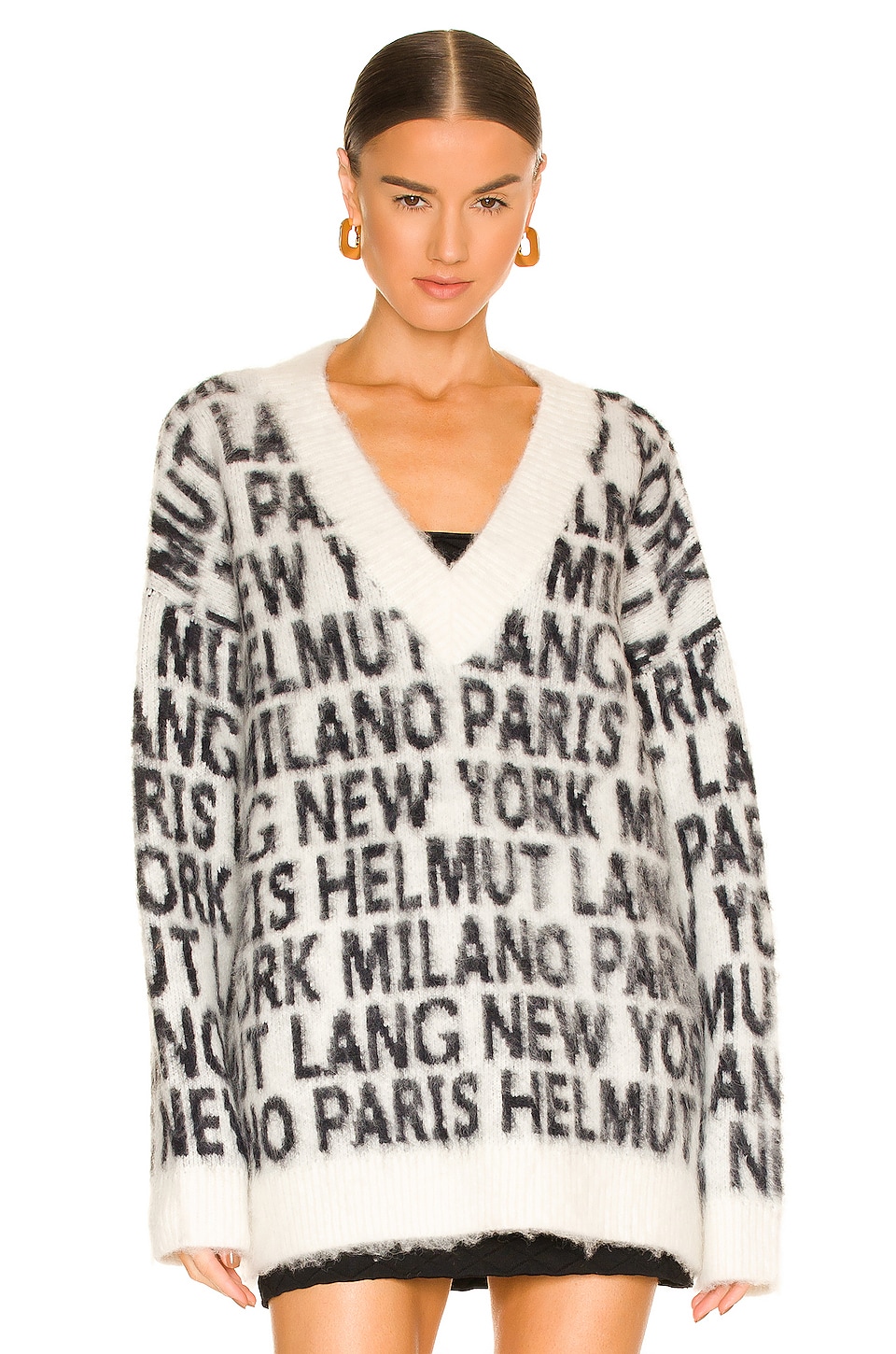 Helmut Lang Allover Logo V Neck Sweater in Ecru | REVOLVE