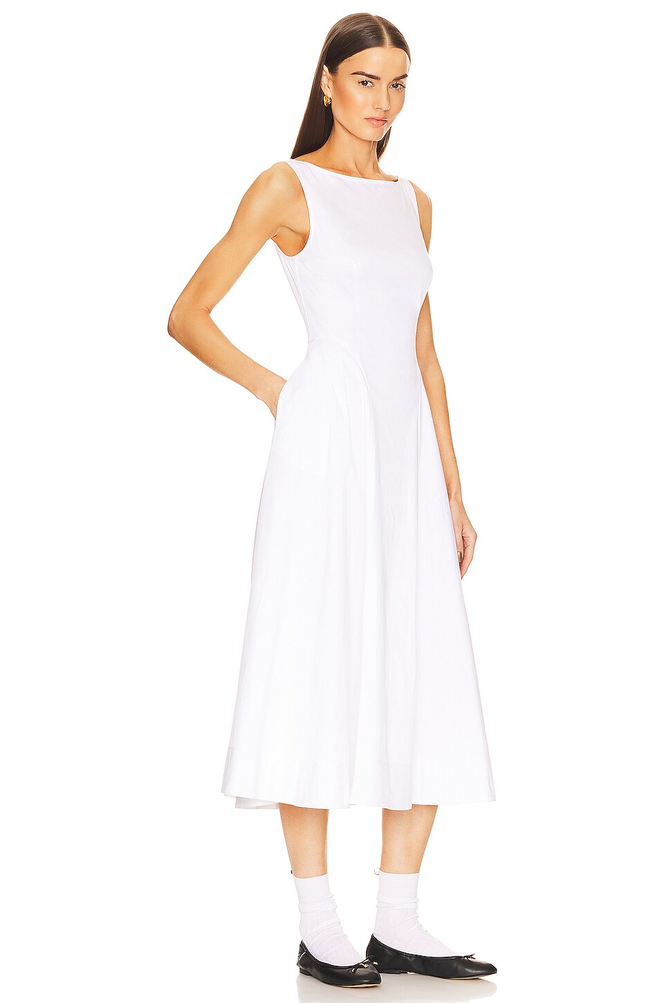 Helsa Stretch Cotton Sateen Midi Dress in White