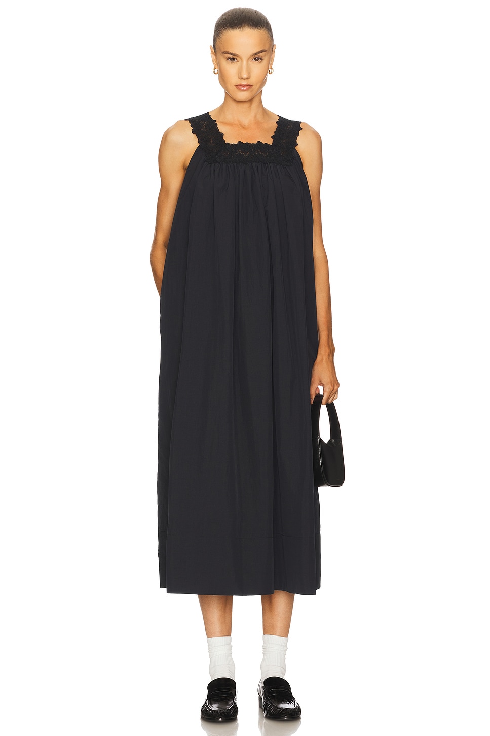 Helsa Midi Dress With Lace in Tech Poplin
