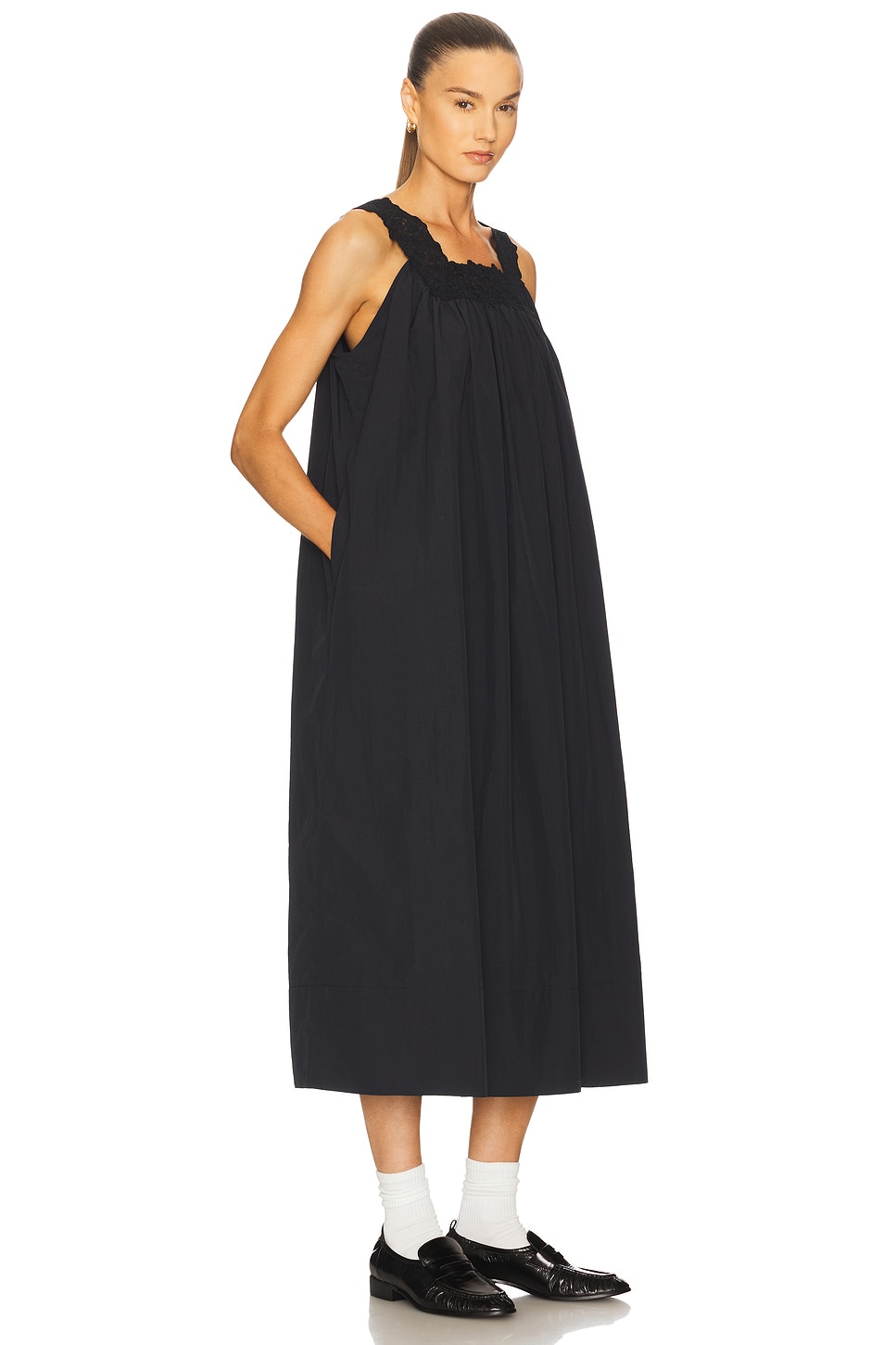 Helsa Midi Dress With Lace in Tech Poplin