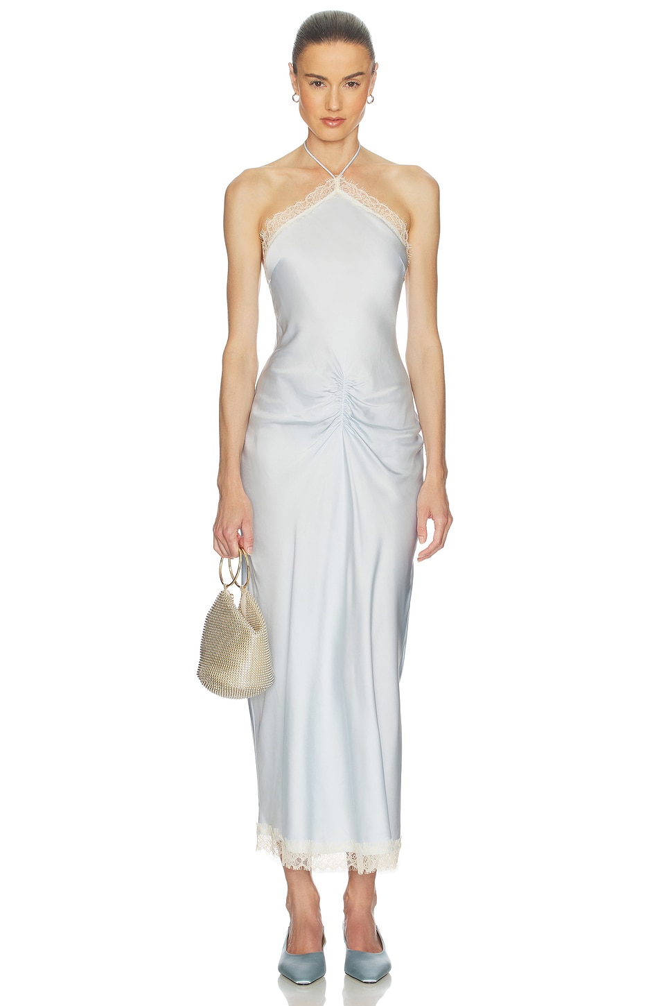 bebe blue satin dress Taken Heart Lace Trim Tied Back Dress Baby Blue– Selfie Leslie main image 1
