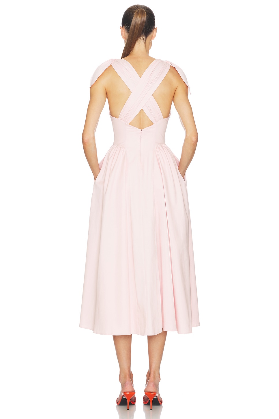 Helsa Fairweather Midi Dress in Stretch Cotton Sateen in Tea Rose | REVOLVE